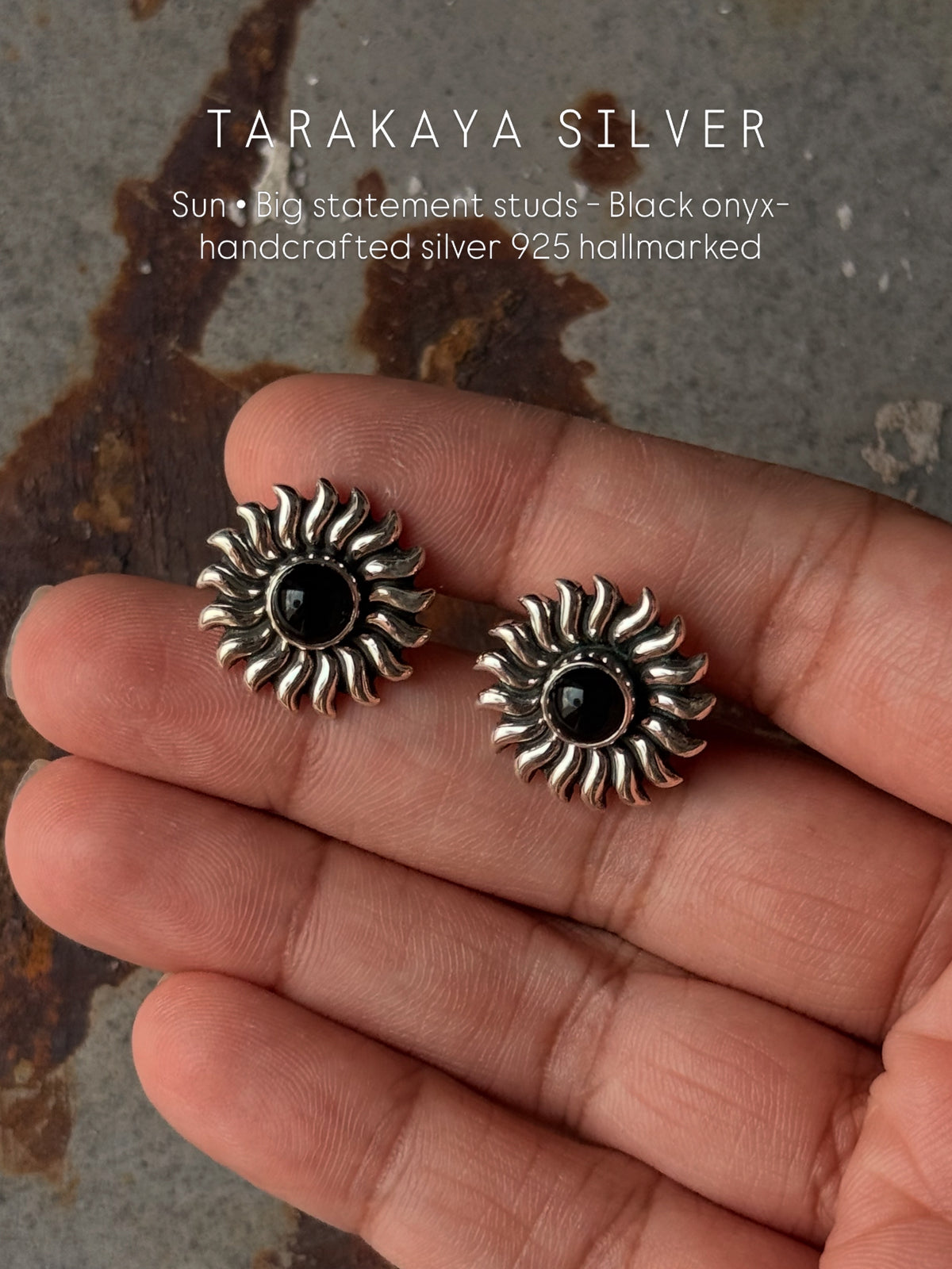 925 Sterling Silver Black Onyx Sun Statement Studs Earrings