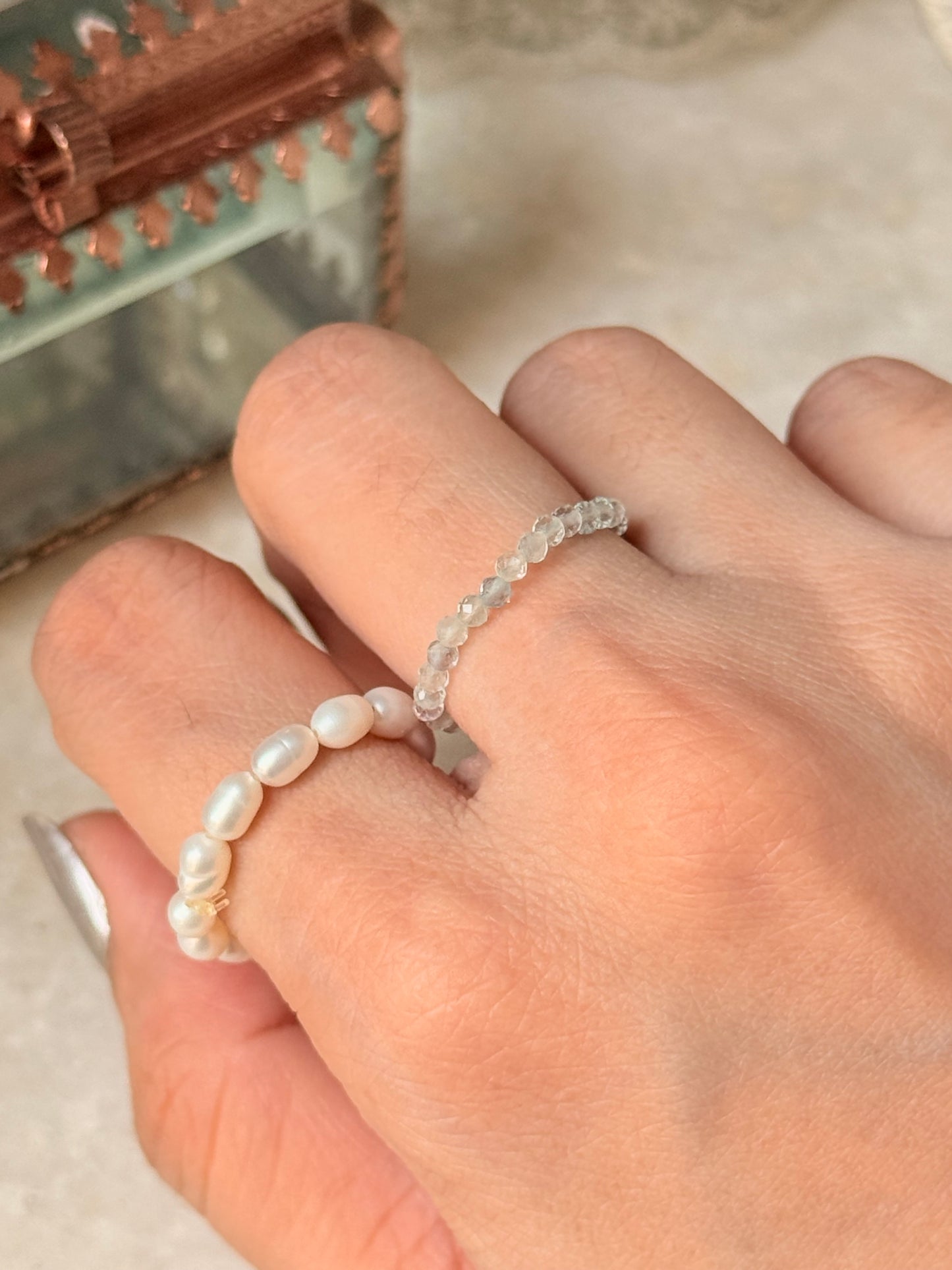 Natural Crystal Stretchy Fresh Water Pearl & Fluorite Rings