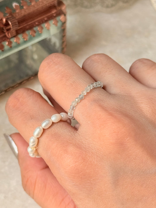 Natural Crystal Stretchy Fresh Water Pearl & Fluorite Rings