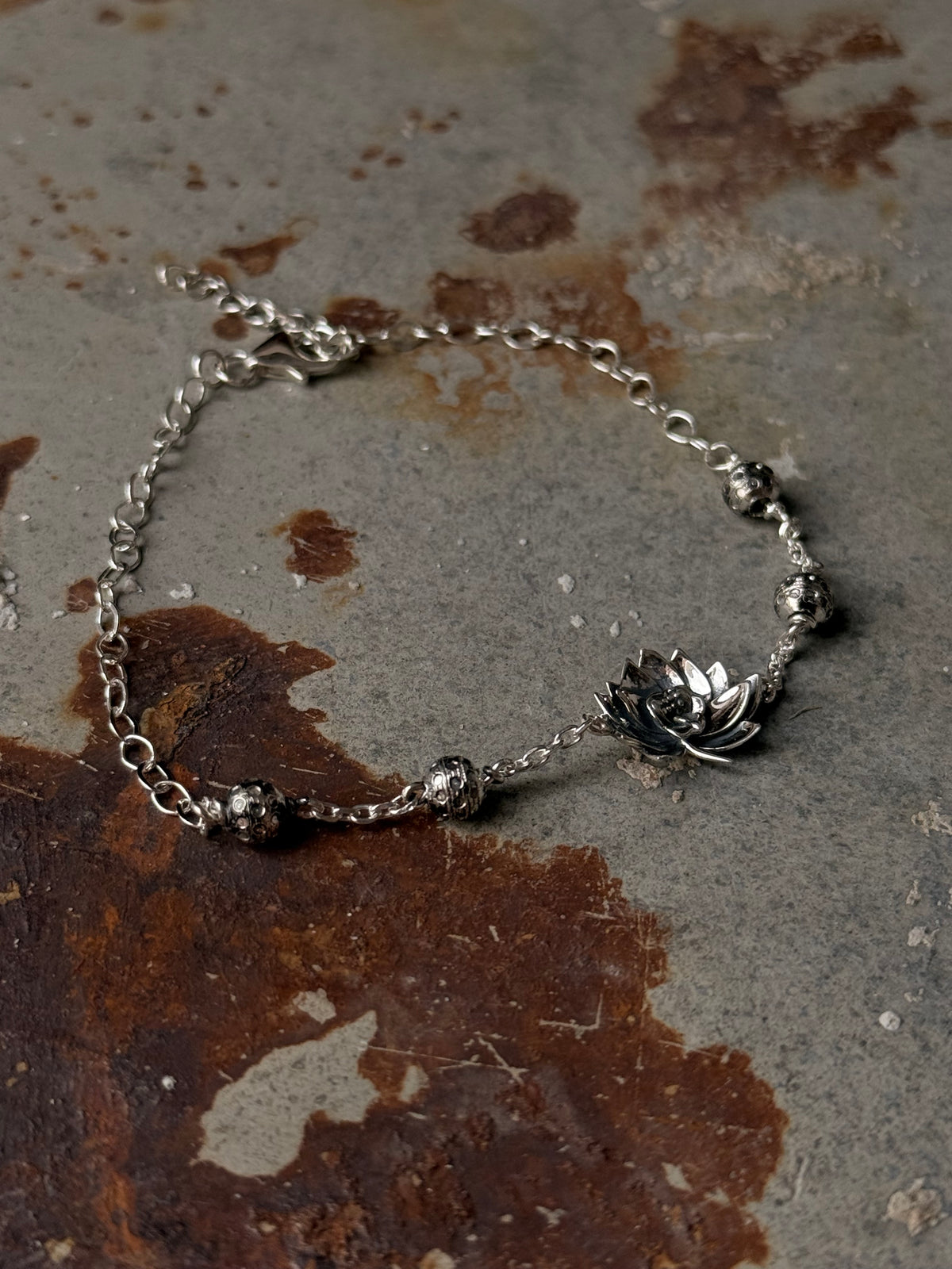925 Sterling Silver Divine Lotus Ball Oxidised Finish Anklet