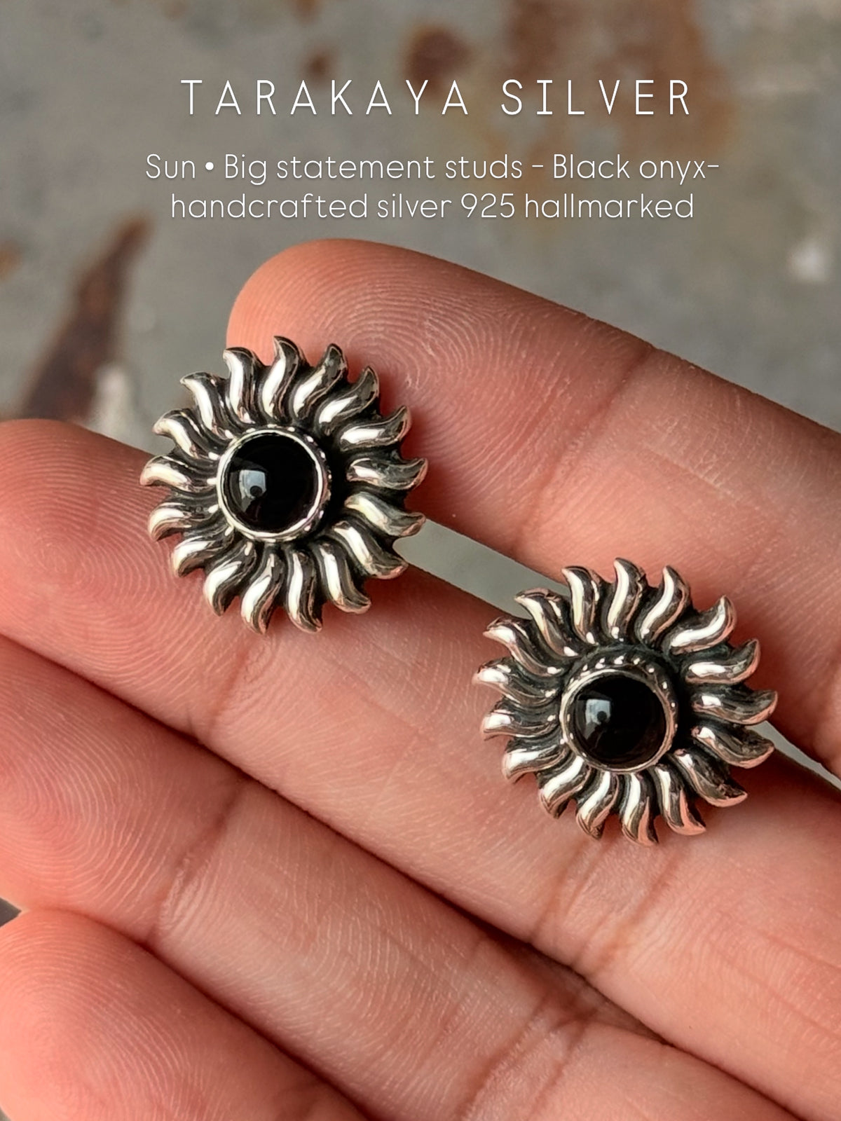 925 Sterling Silver Black Onyx Sun Statement Studs Earrings