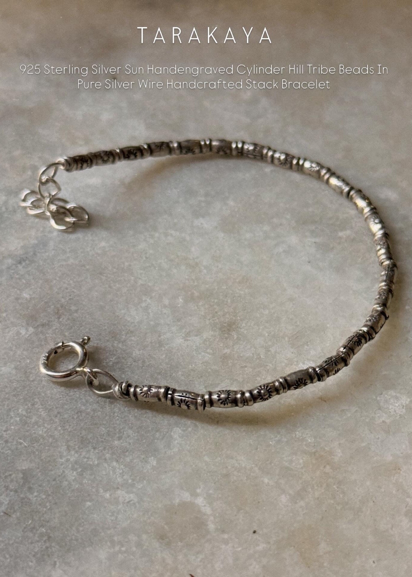 925 Sterling Silver Sun Handengraved Cylinder Hill Tribe Beads In Pure Silver Wire Handcrafted Stack Bracelet