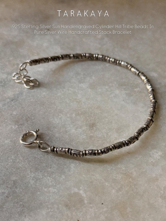 925 Sterling Silver Sun Handengraved Cylinder Hill Tribe Beads In Pure Silver Wire Handcrafted Stack Bracelet