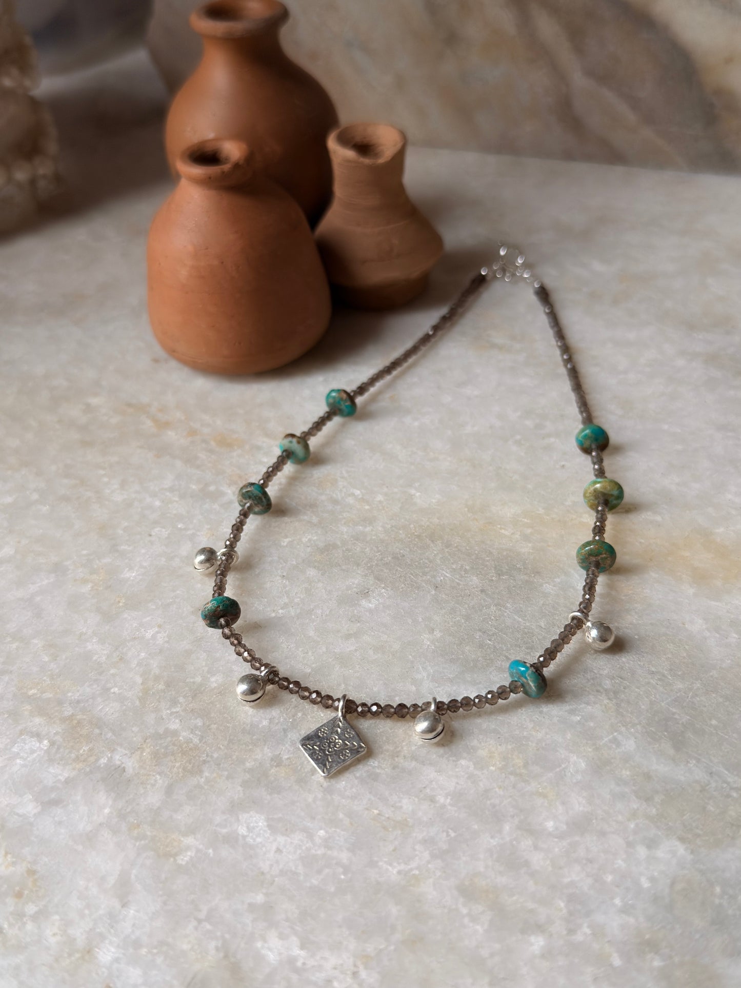 Smokey Quartz, Kingsman Turquoise & Tribal Engraved Charm - Ghungroo Charms  925 Sterling Silver Handcrafted Necklace