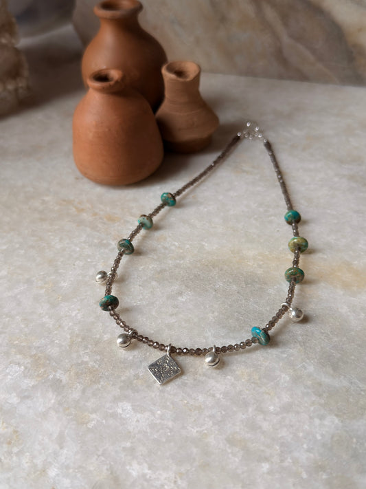Smokey Quartz, Kingsman Turquoise & Tribal Engraved Charm - Ghungroo Charms  925 Sterling Silver Handcrafted Necklace