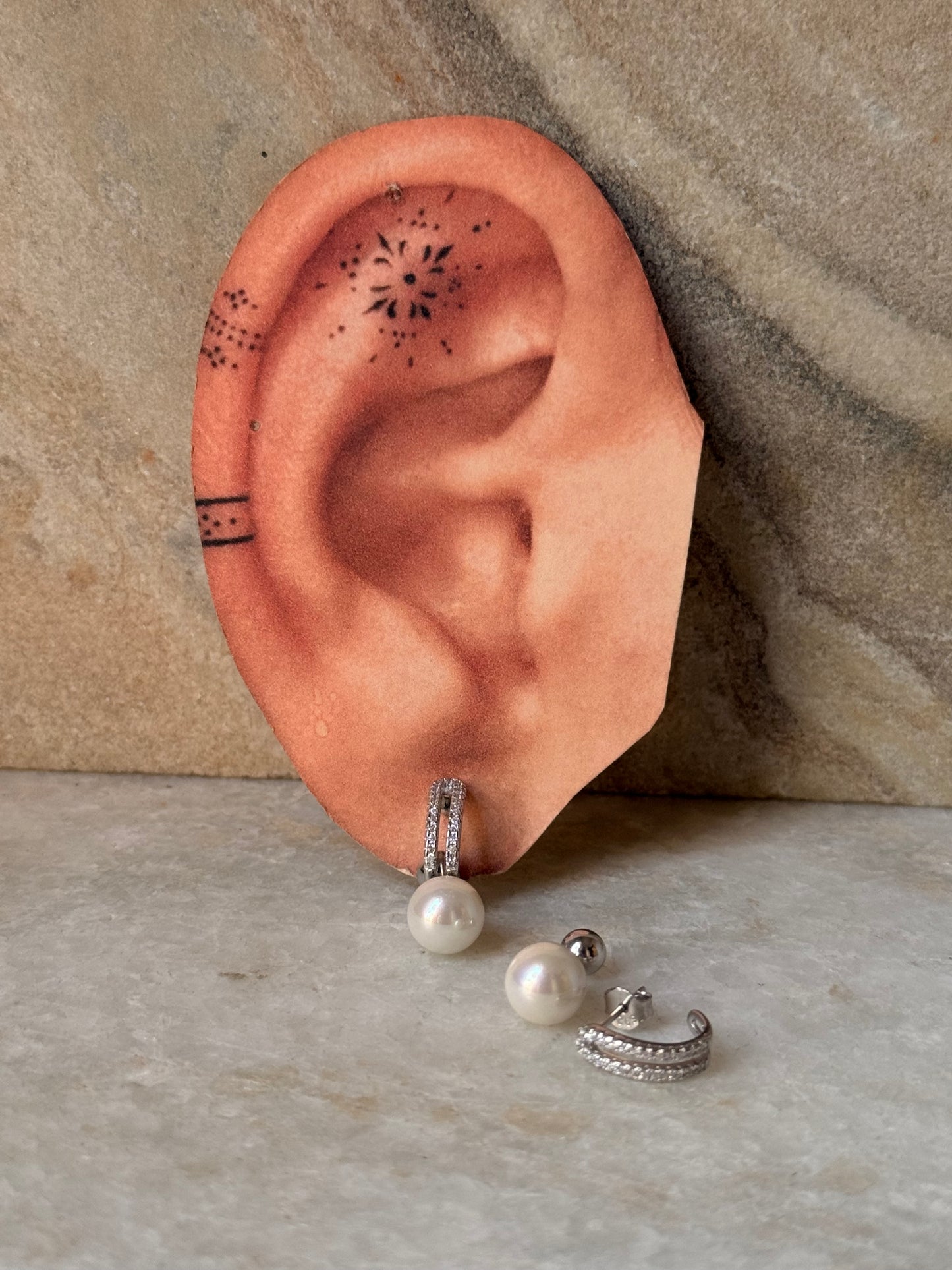 925 Sterling Silver Fresh Water Pearl Cz 2 in 1 Earrings