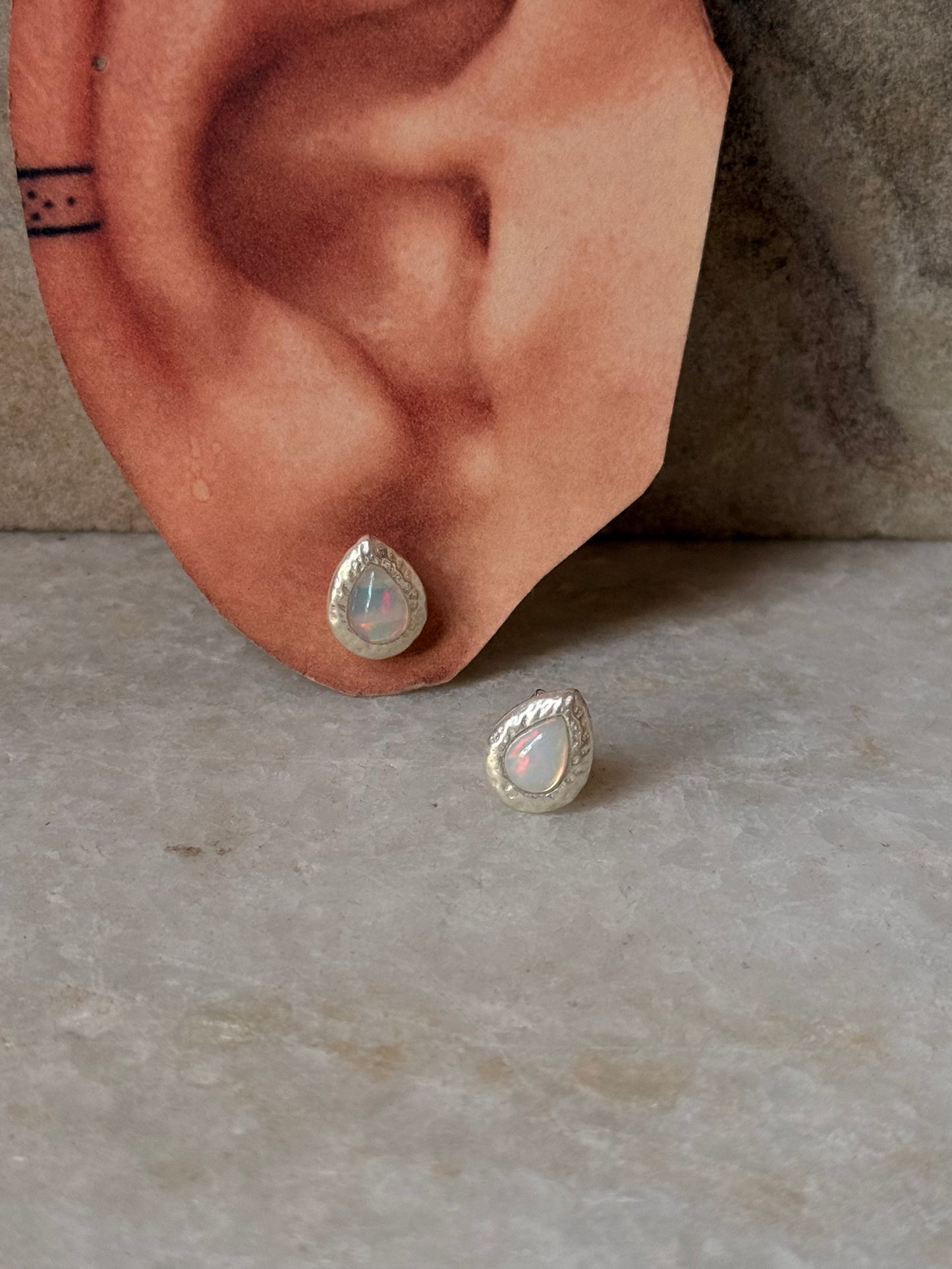 925 Sterling Silver Natural Ethiopian Opal Pear Hammered Earrings