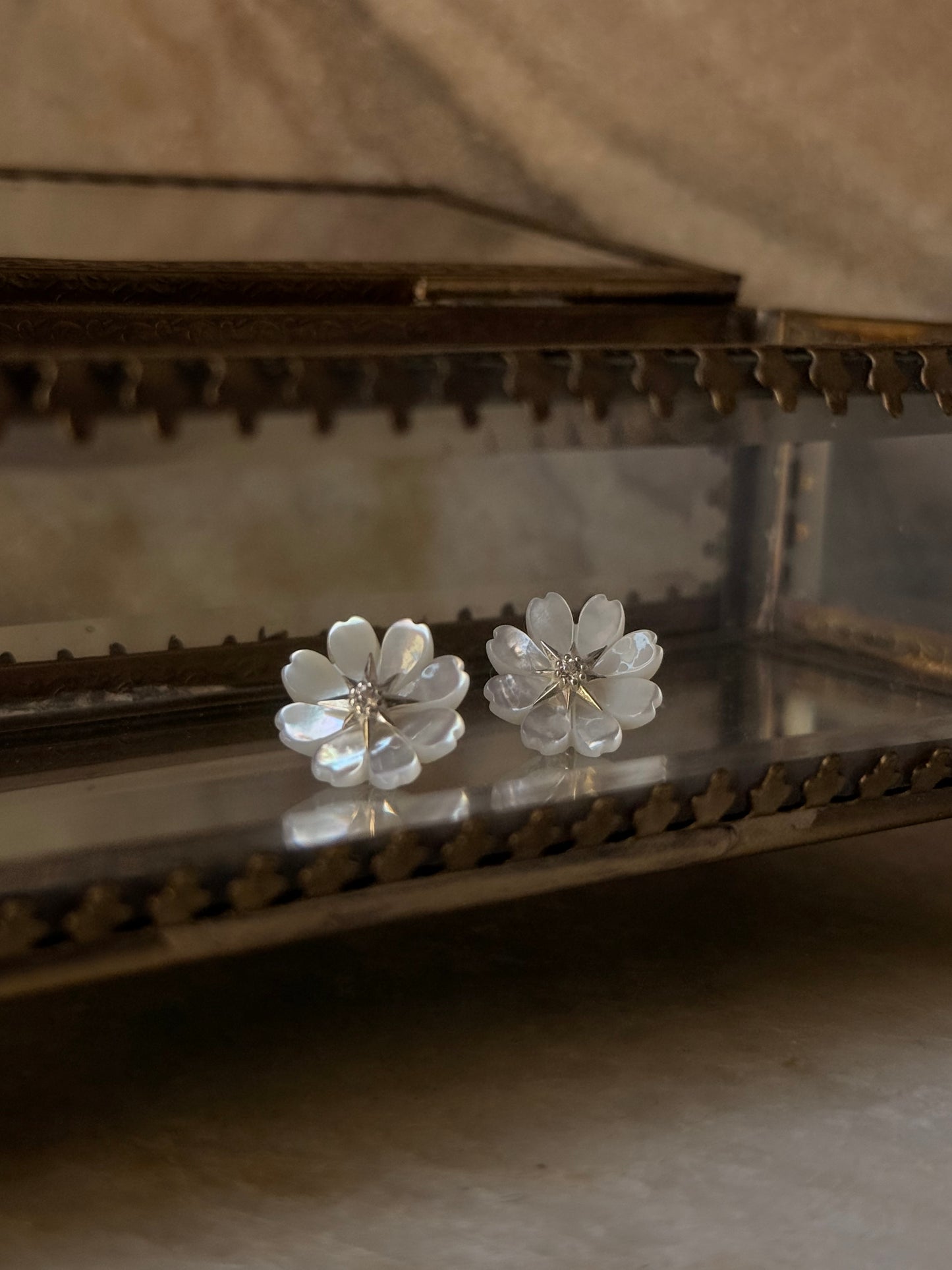 925 Sterling Silver Mother of Pearl Flower Carved , White Topaz North Star Studs - 2 in 1