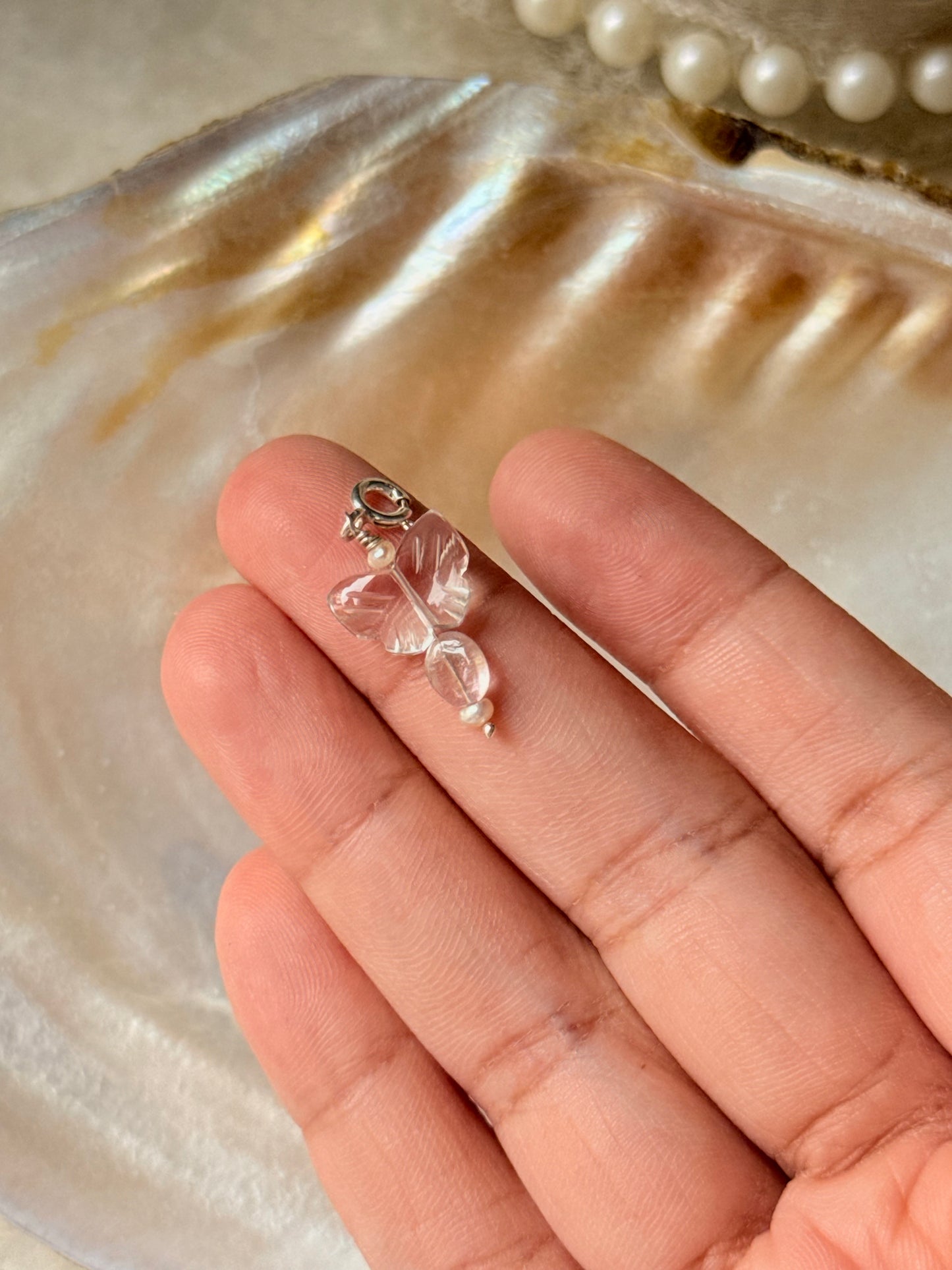925 Sterling Silver Clear Quartz Butterfly Carved -Pink Tourmaline & Pearls Wire Wrapped Handcrafted Pendant