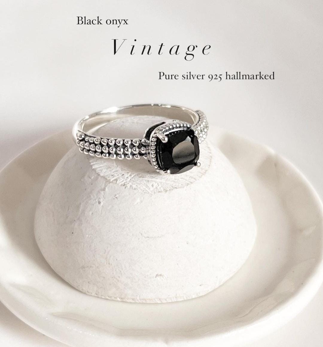 Black Onyx Square Cut Vintage Silver Ring