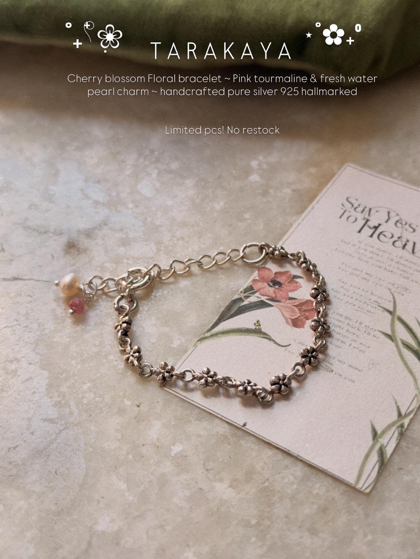 925 Sterling Silver Antique Cherry Blossom Flowers ~ Pink Tourmaline & Fresh Water Pearl Charm Bracelet