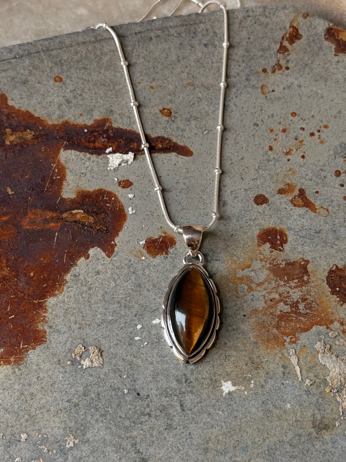 925 Sterling Silver Tiger Eye Marquise Handcrafted One of a Kind Pendant