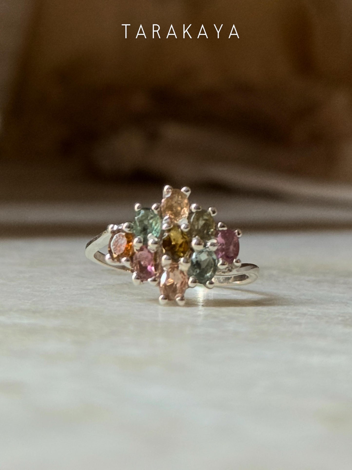 925 Sterling Silver Multi Tourmaline Flower Statement Ring