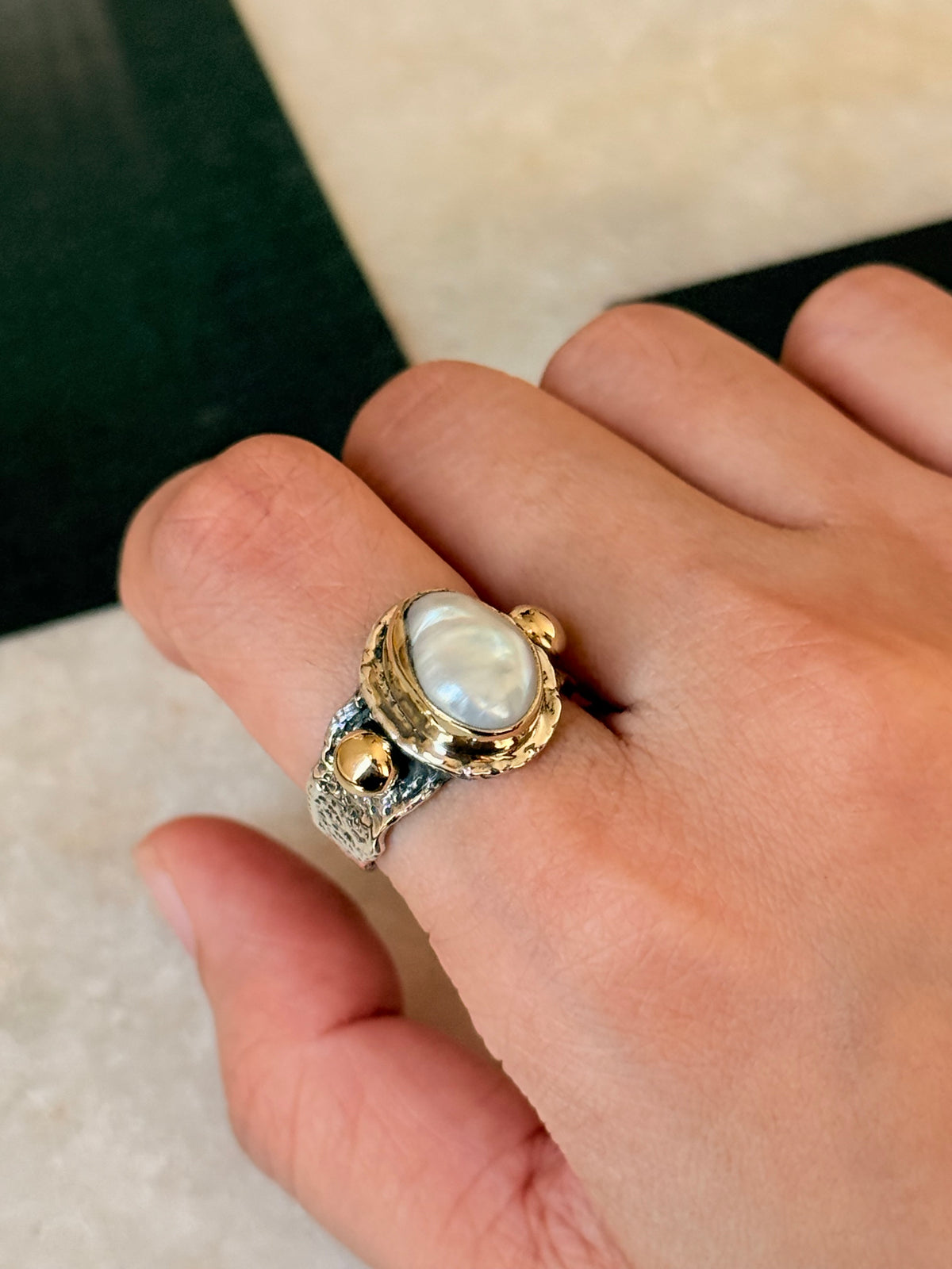 925 Sterling Silver Baroque Pearl Rustic Fusion Handcrafted Ring