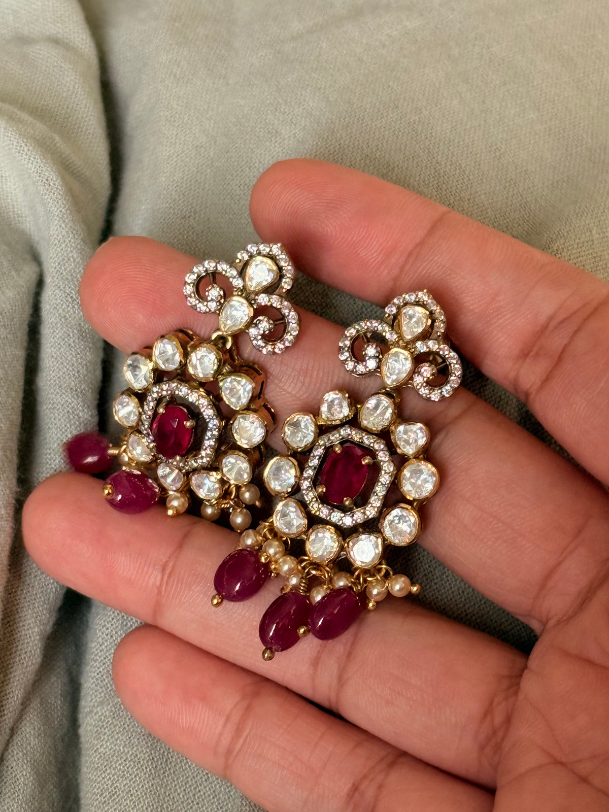 925 Sterling Silver Moissanite Polki,Dyed Ruby ,Cz & Fresh Water Pearls Gold Plated Statement Earrings