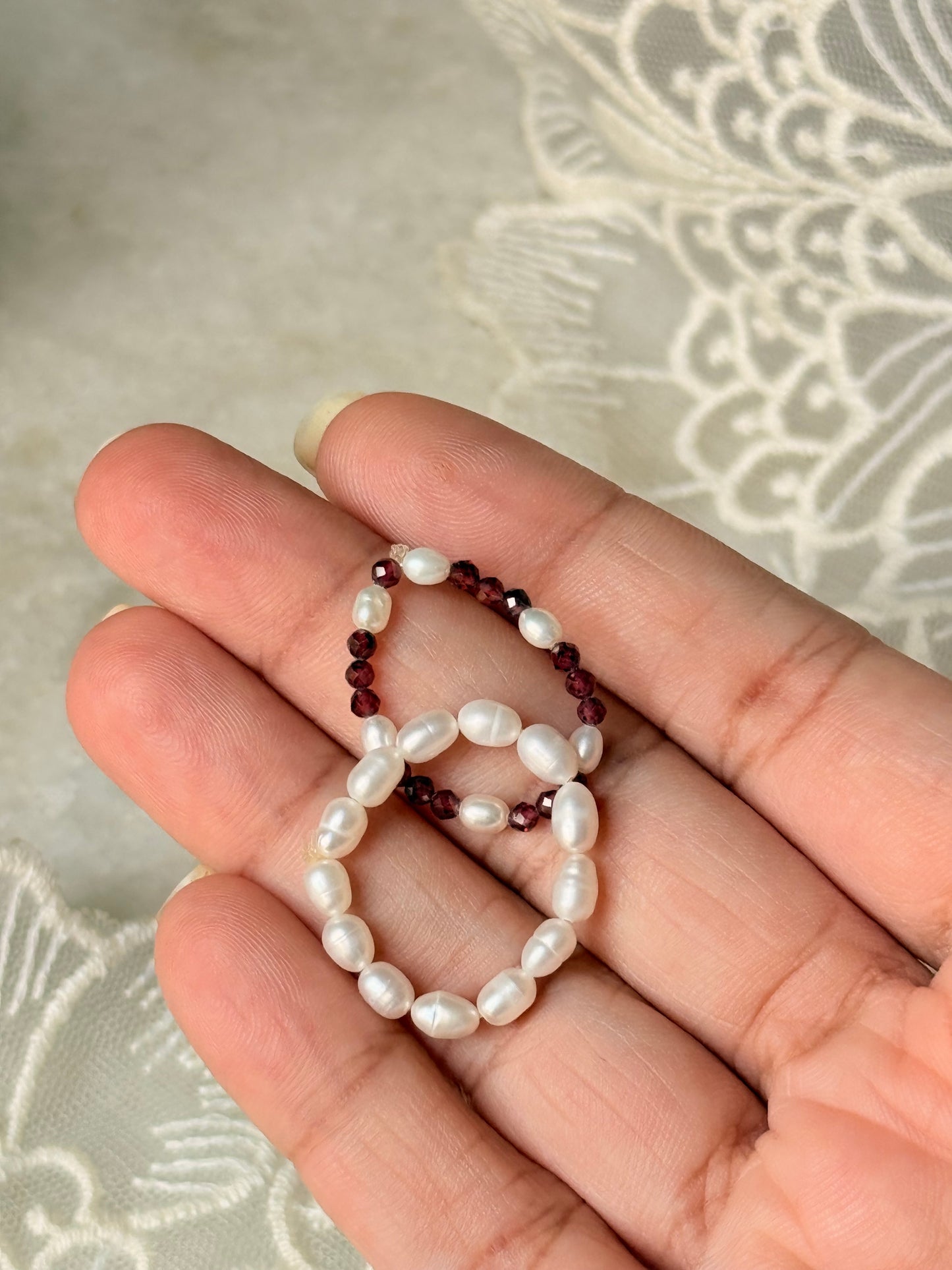 Natural Crystal Stretchy Fresh Water Pearl & Garnet Pearl Rings