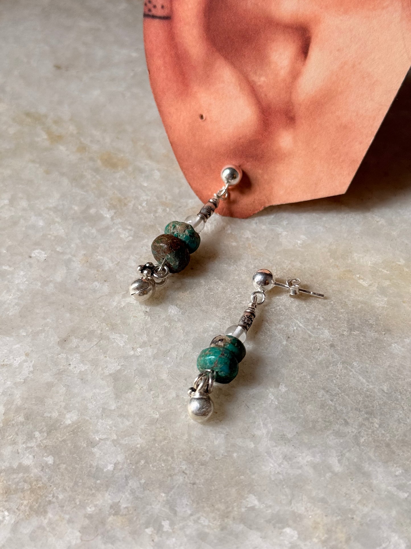 925 Sterling Silver Kingsman Turquoise, Clear Quartz , Sun Engraved Beads & Ghungroo Tribal Handcrafted Studs