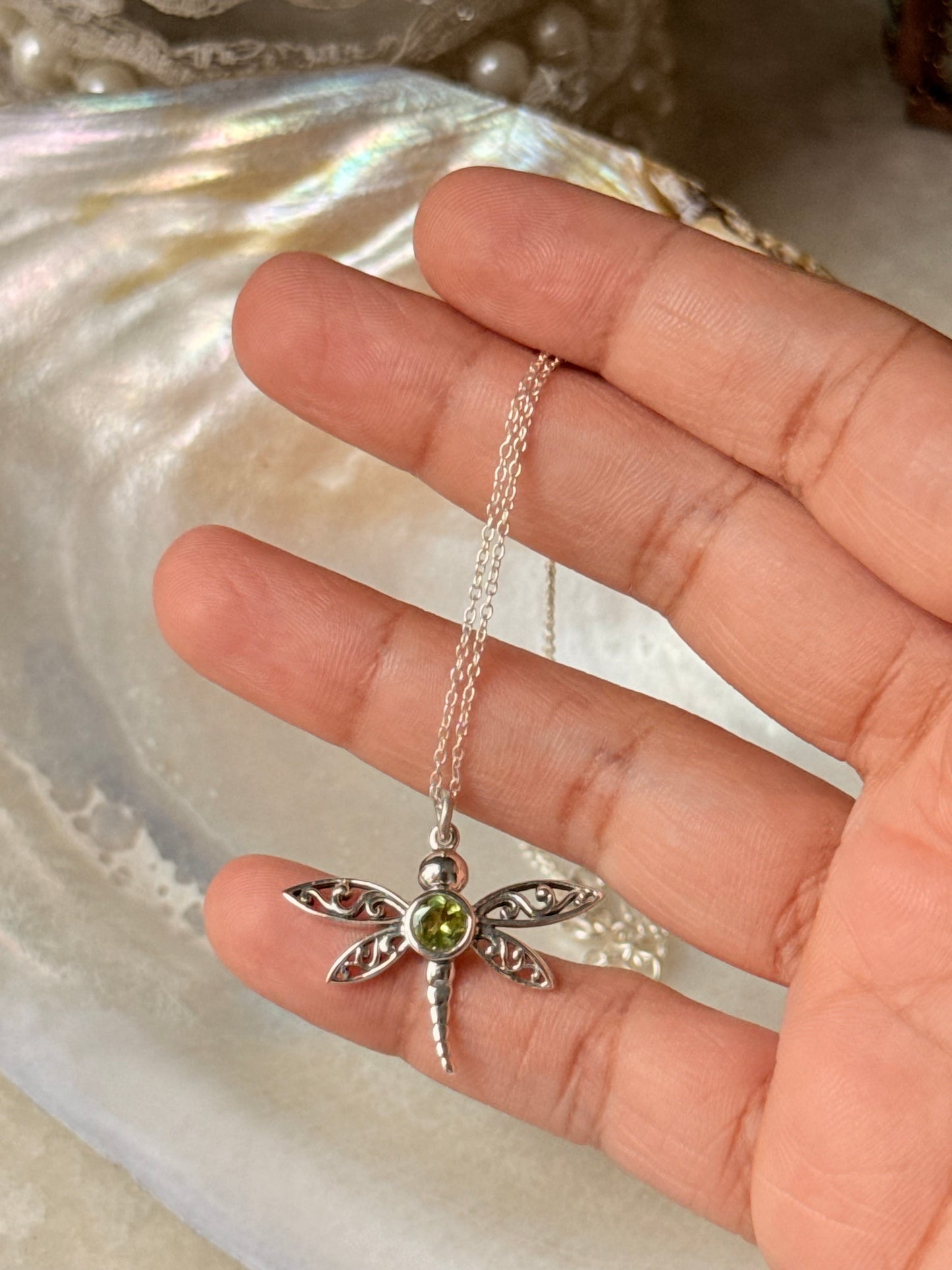 925 Sterling Silver Peridot Dragonfly Dainty Cable Chain Necklace
