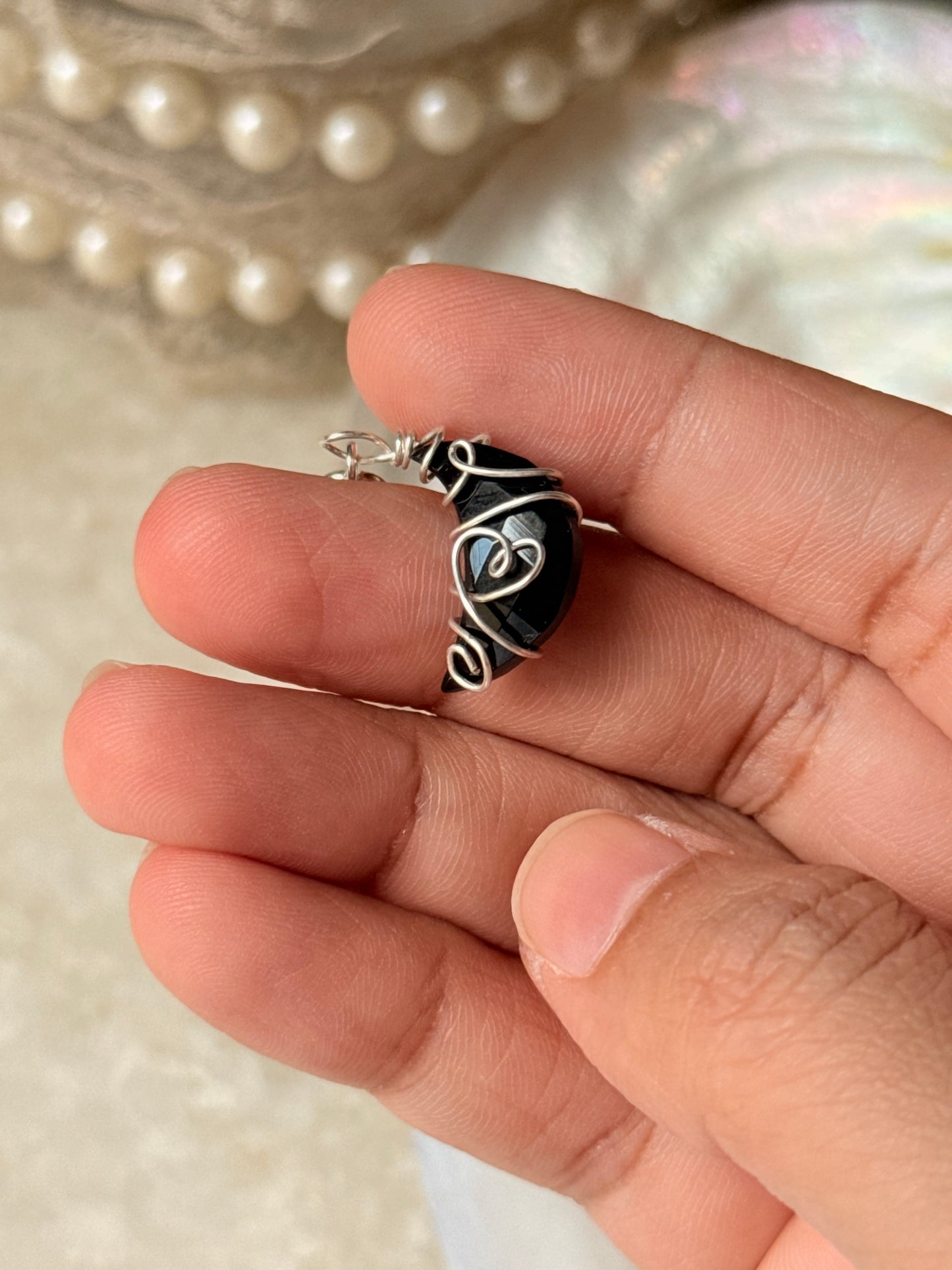 925 Sterling Silver Black Onyx Moon Wire Wrapped Handcrafted Pendant