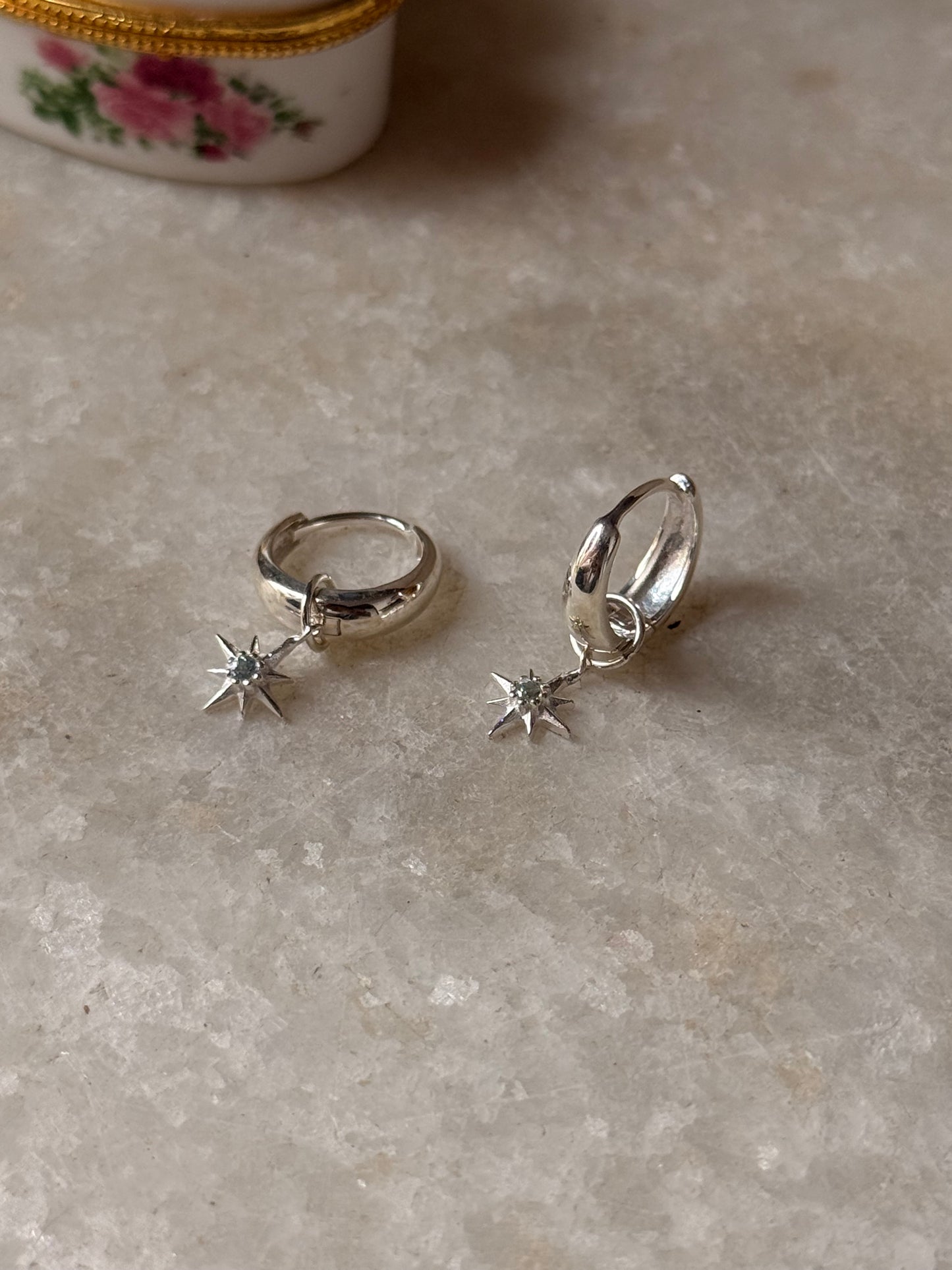 925 Sterling Silver Blue Topaz North Star Removable Charm -Plain Huggies/ Small Hoops