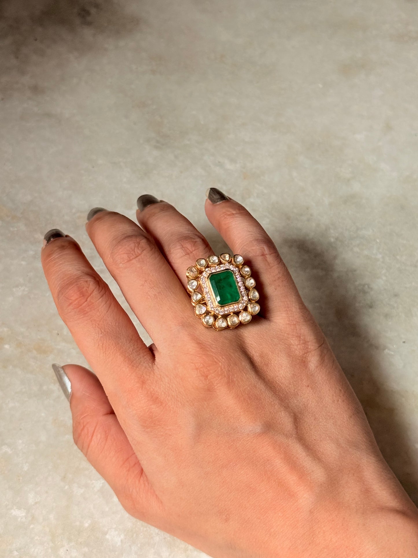 925 Sterling Silver Gold Plated Green onyx , Antique Moissanite Polki Adjustable Ring