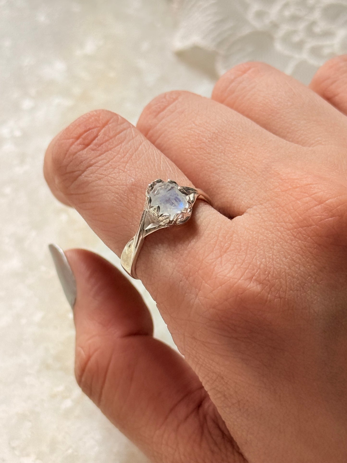 925 Sterling Silver Moonstone Solitaire ~Forest Enchantment Ring