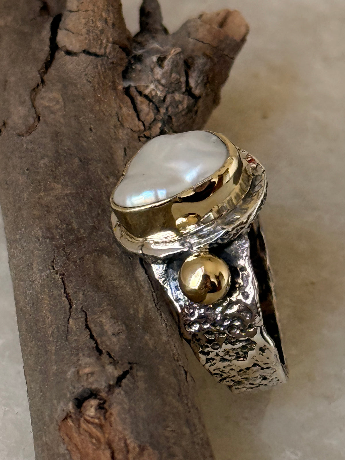 925 Sterling Silver Baroque Pearl Rustic Fusion Handcrafted Ring