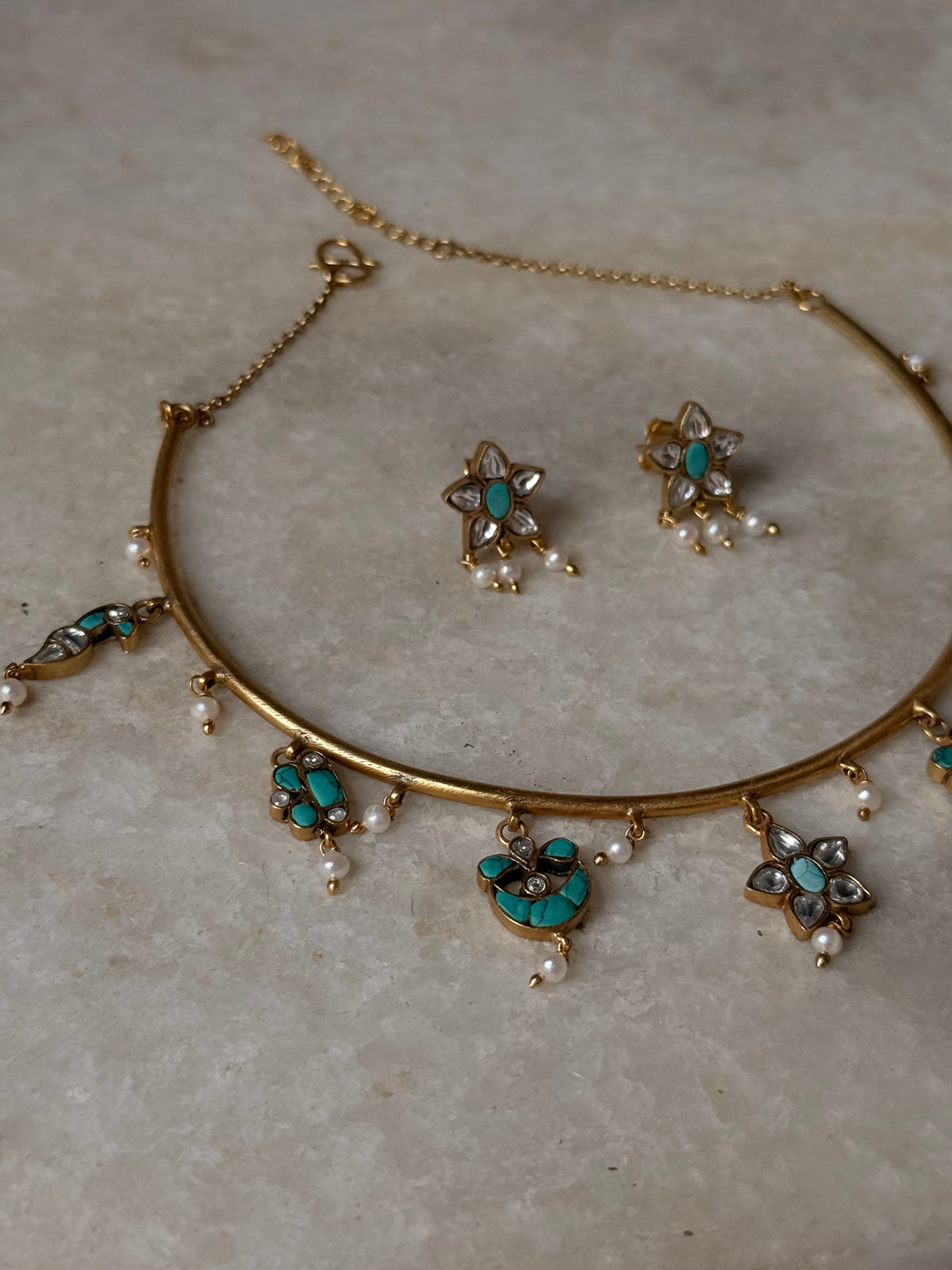 925 Sterling Silver Turquoise , Fresh Water Pearls & Kundan Polki Handcrafted Gold Plated Necklace Set