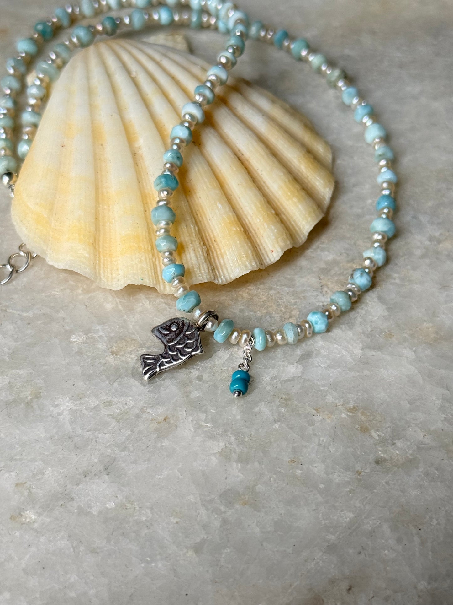 Natural Larimar, Fresh Water Pearls , Silver Fish Charm & Blue Bead Hanging Charm Handcrafted 925 Sterling Silver Necklace