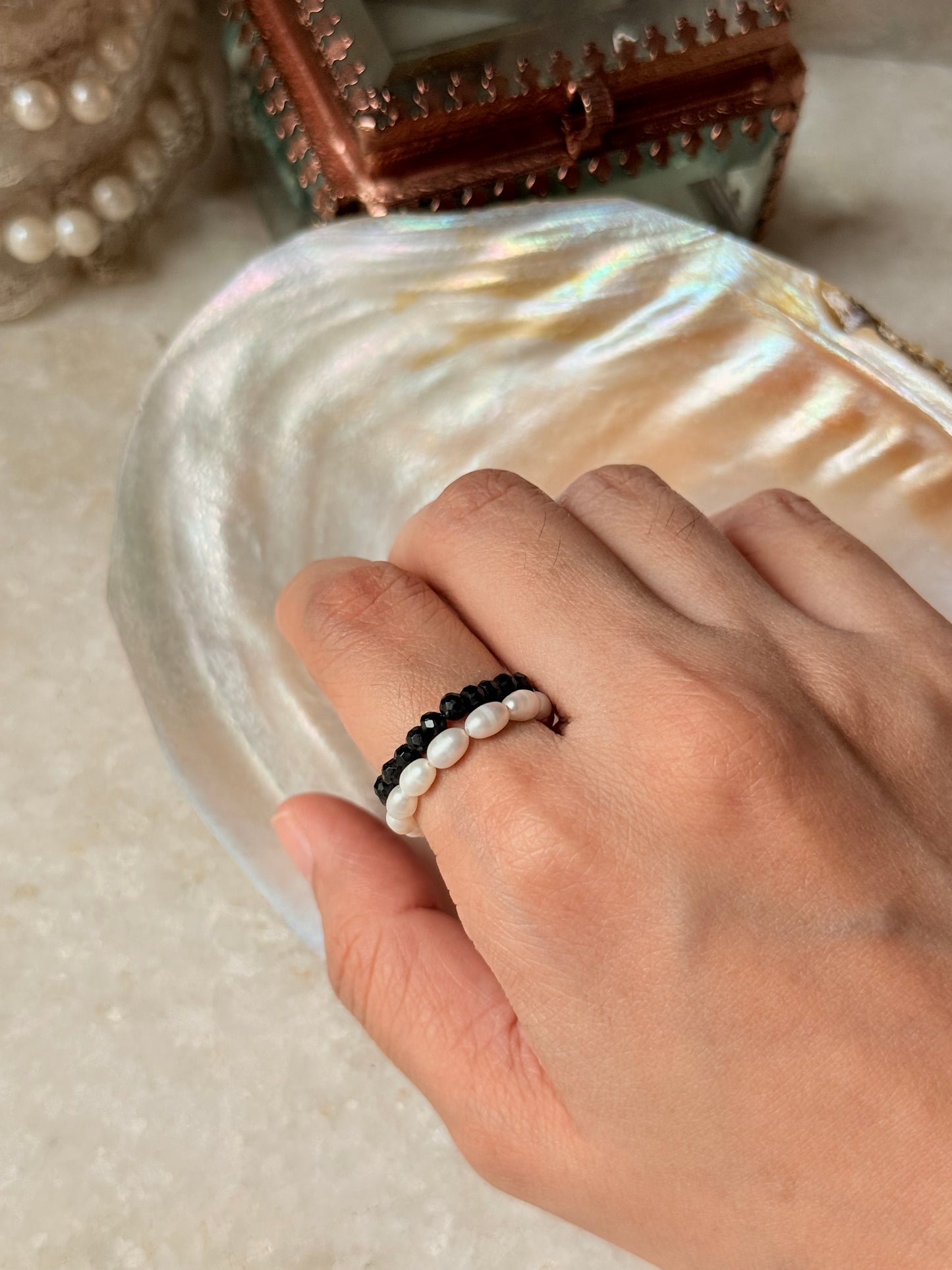 Natural Crystal Stretchy Black Spinel 3-4mm & Fresh Water Pearl Rings
