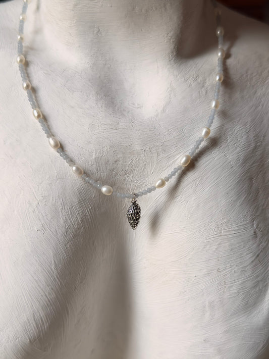 Natural Aquamarine, Fresh Water Pearls & Shell Charm 925 Sterling Silver Necklace