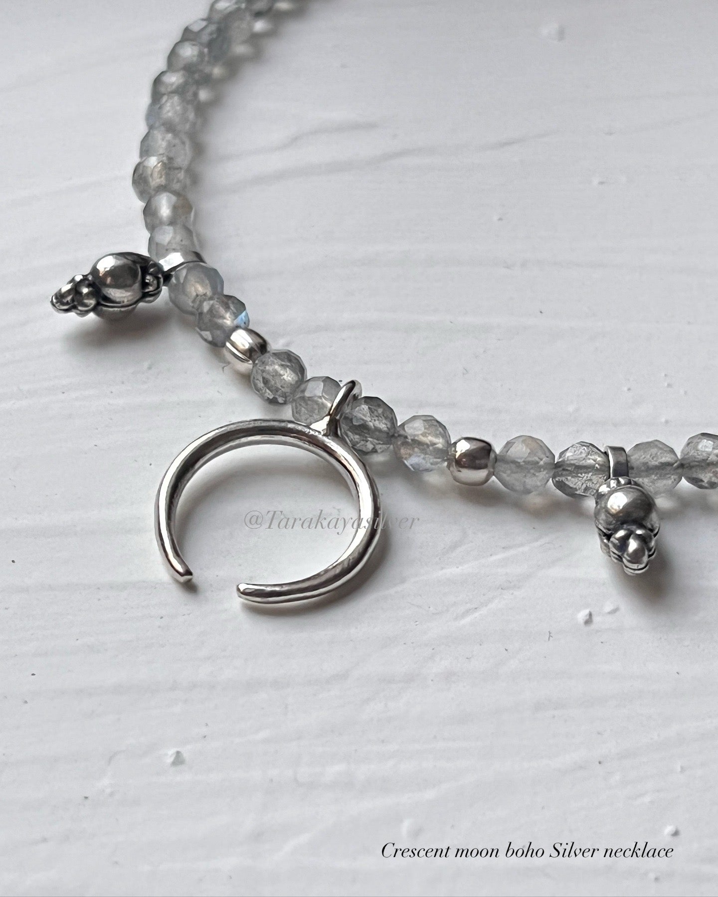 Labradorite 3-4mm Faceted Natural Crystal with Crescent Moon 925 Sterling Silver Boho Necklace