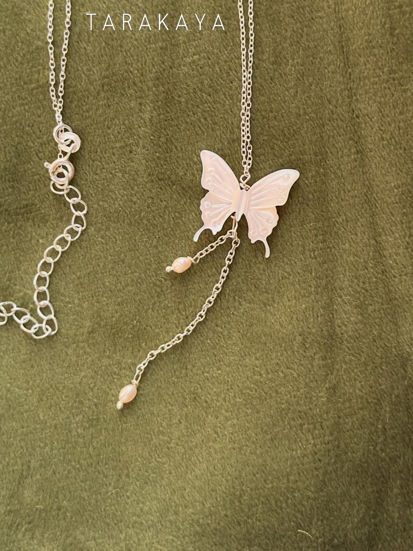 925 Sterling Silver Mother of Pearl Butterfly, Adjustable Chain With Fresh Water Pearls Charm Handcrafted Necklace
