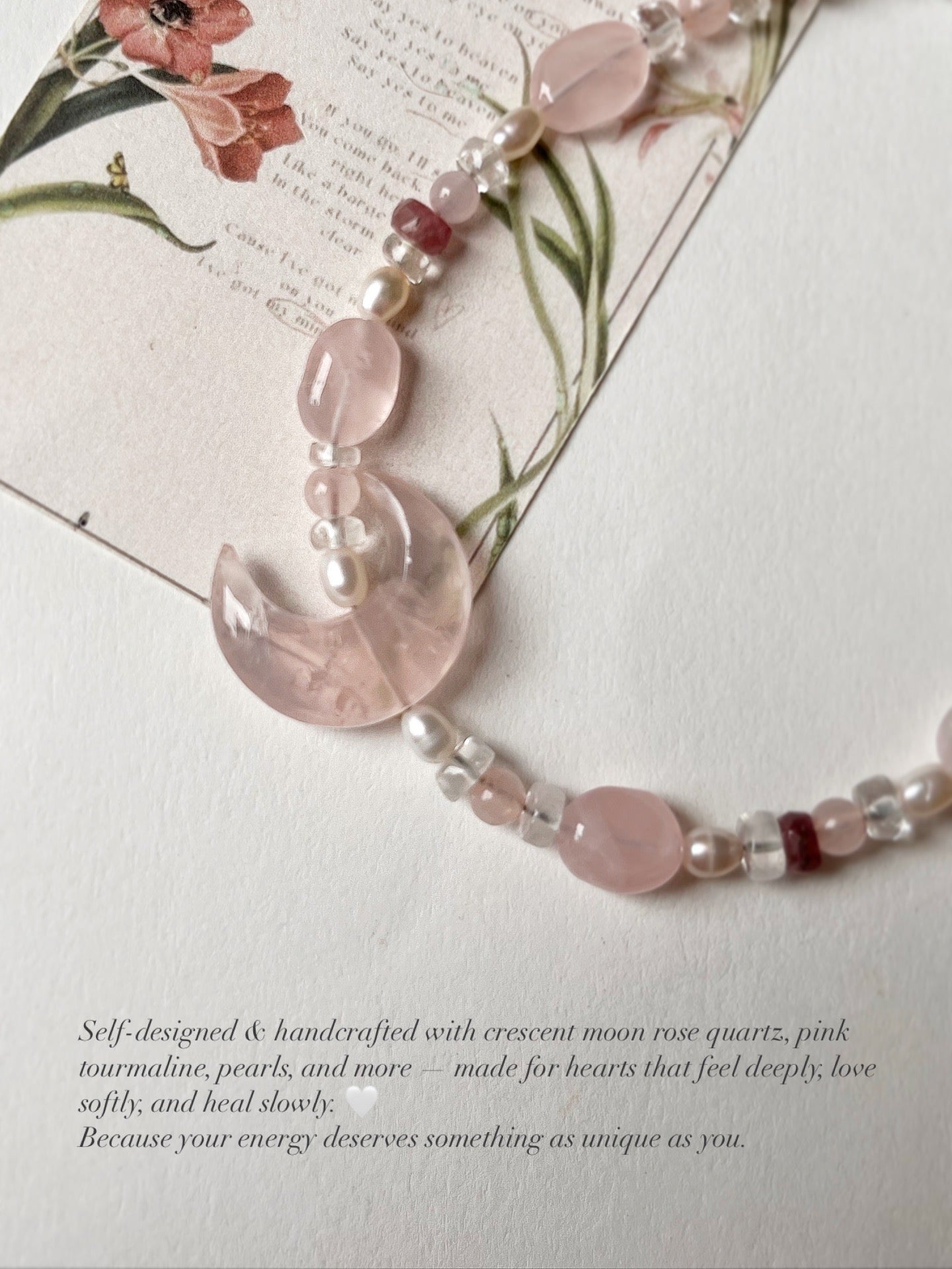 Moonlit Bloom ~Rose Quartz Crescent Moon, Clear Quartz & Pearl Crystal 925 Sterling Silver Bracelet