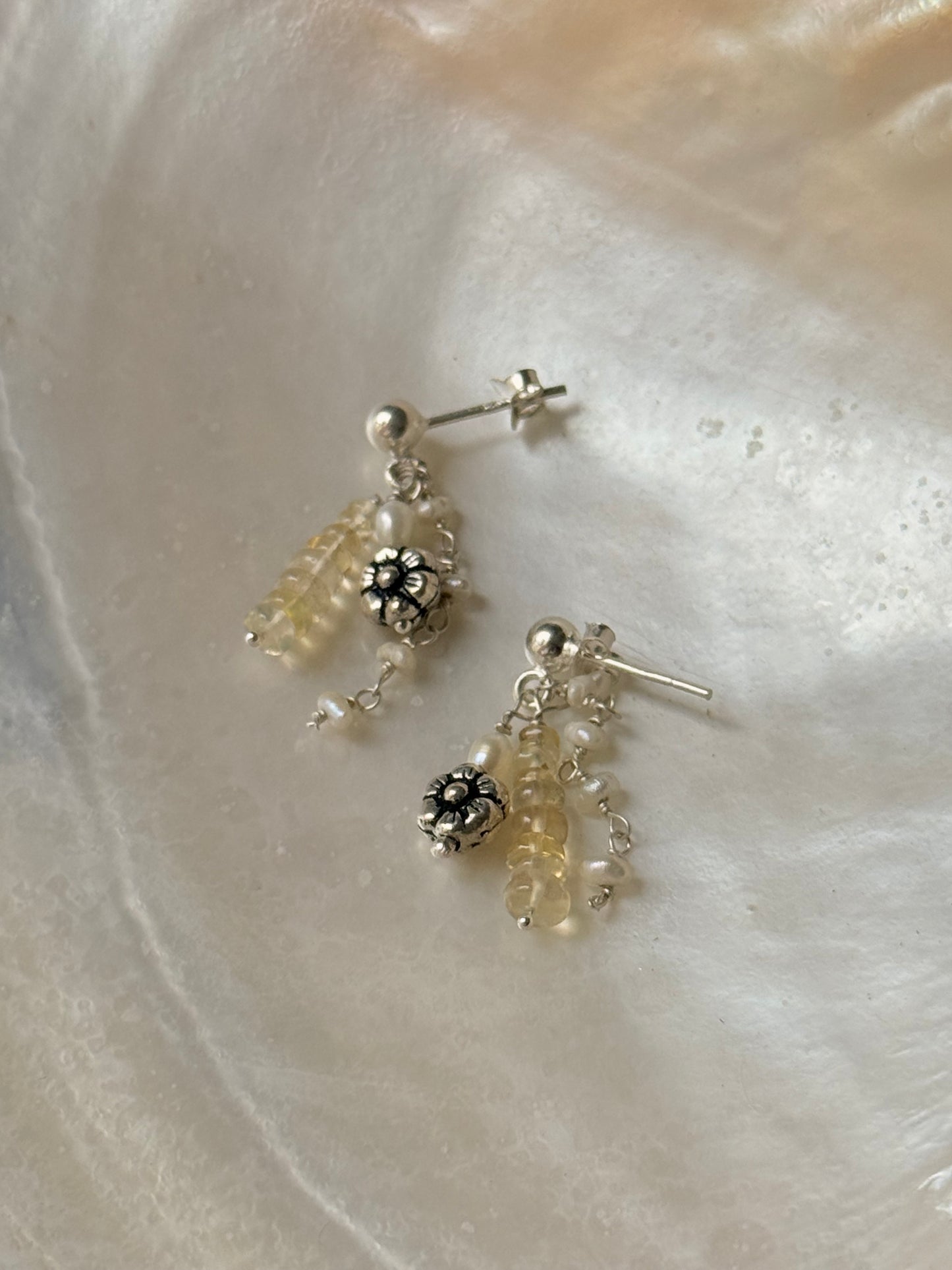 925 Sterling Silver Ethiopian Opals & Fresh Water Pearls Hand beaded , Floral Charm Handcrafted Studs Earrings