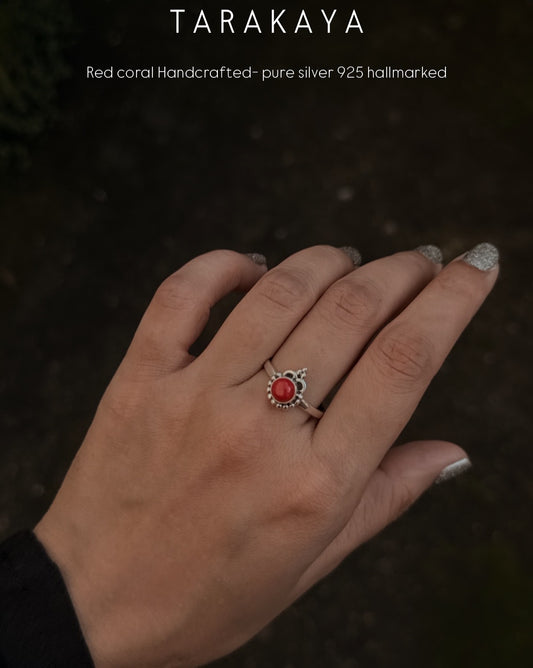 925 Sterling Silver Red Coral Boho Ring