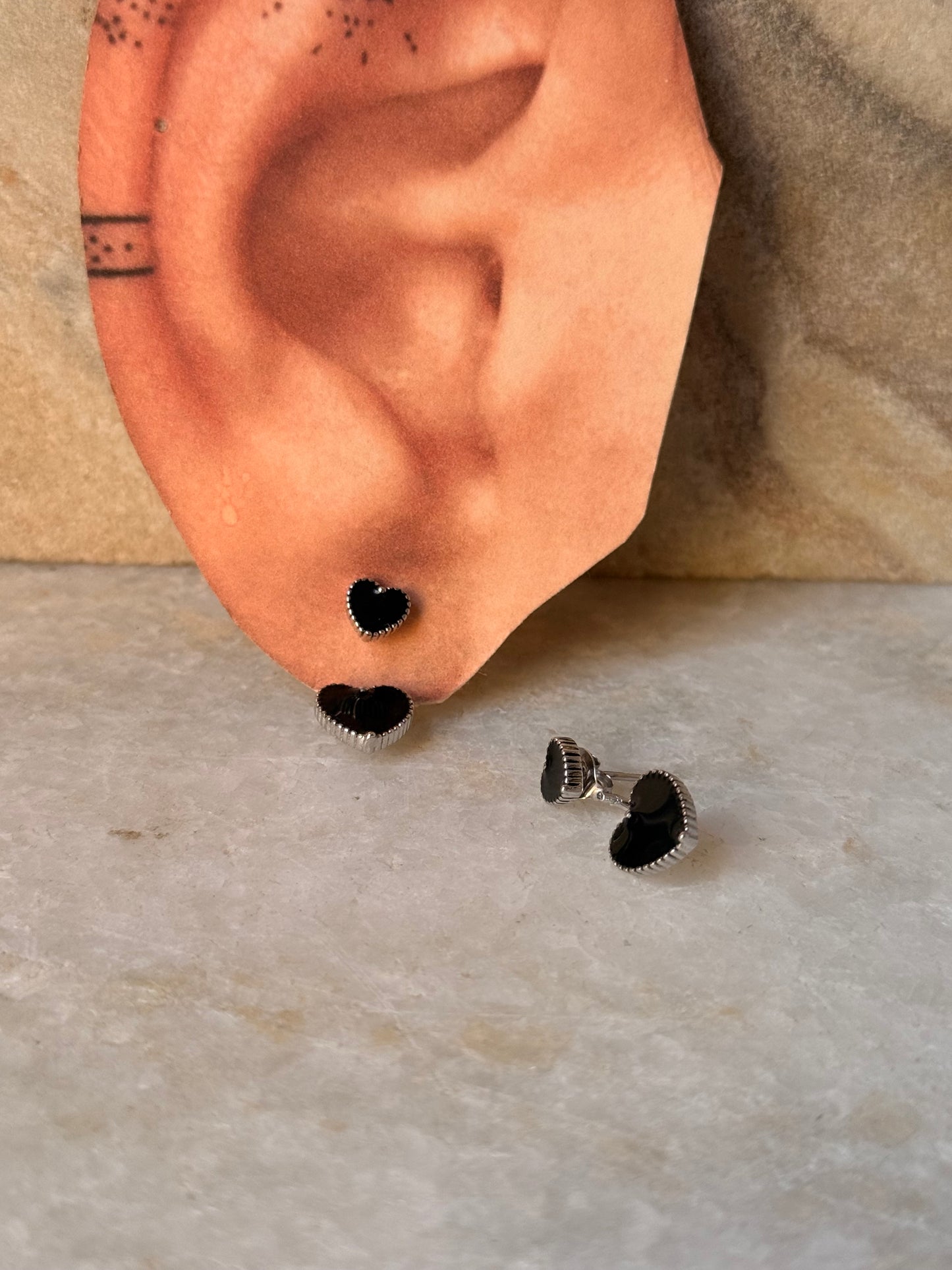 925 Sterling Silver Black Heart Enamel Studs