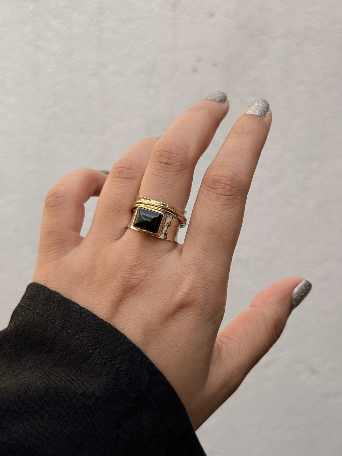 925 Sterling Silver Black Onyx Spinner Dual Tone Rustic Ring