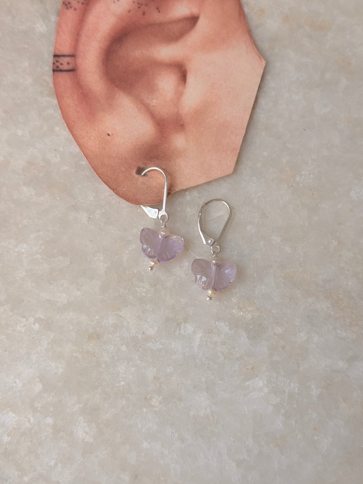 925 Sterling Silver Amethyst Butterfly & Pearls Lever Back Earrings