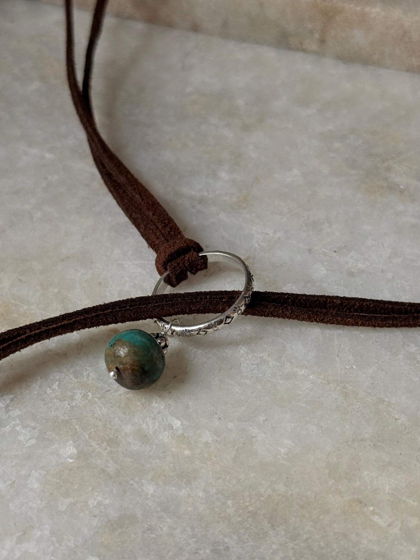 925 Sterling Silver Tribal Engraved with Turquoise Charm Brown Cord Leather Necklace