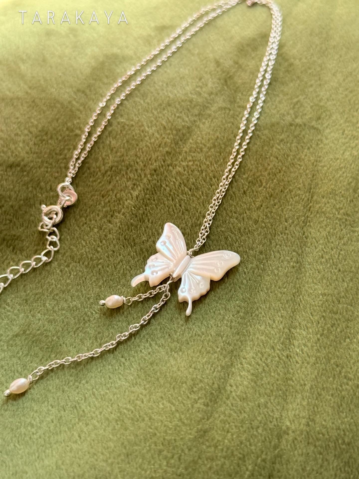 925 Sterling Silver Mother of Pearl Butterfly, Adjustable Chain With Fresh Water Pearls Charm Handcrafted Necklace