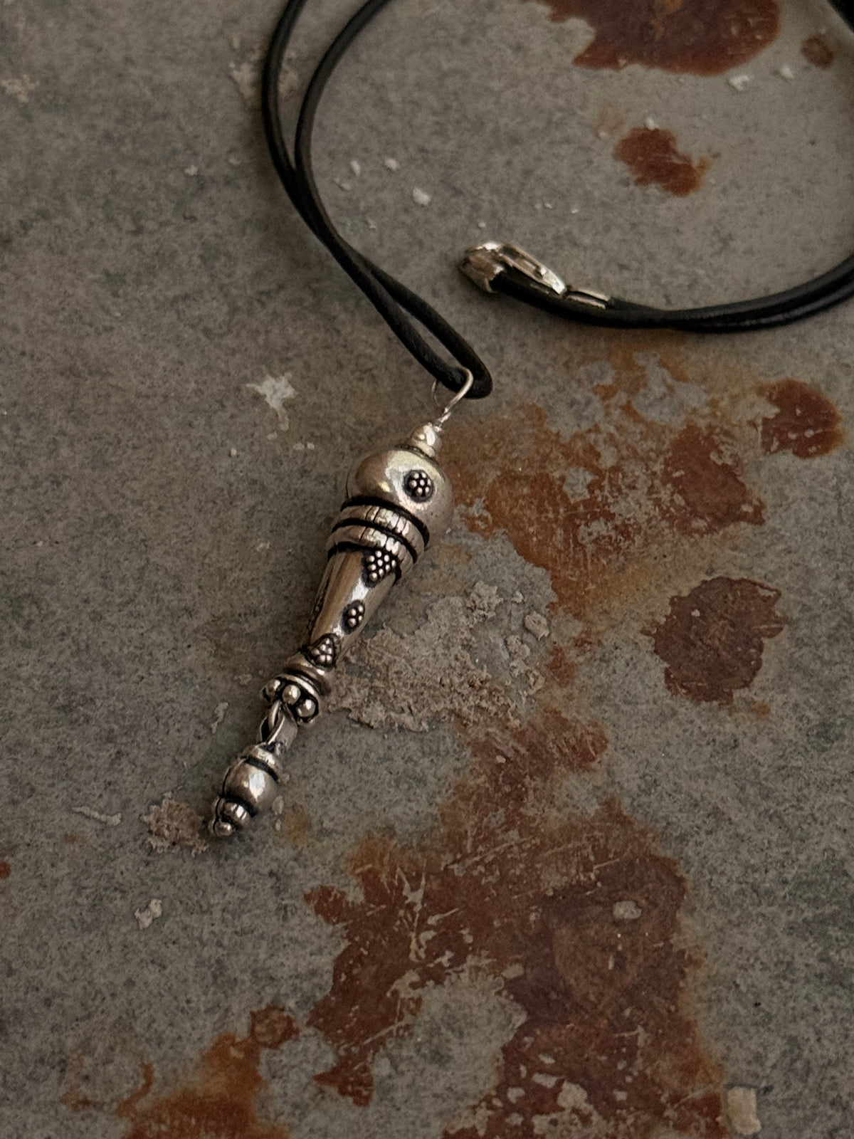 925 Sterling Silver Black Leather Cord Mandali Dolki Necklace