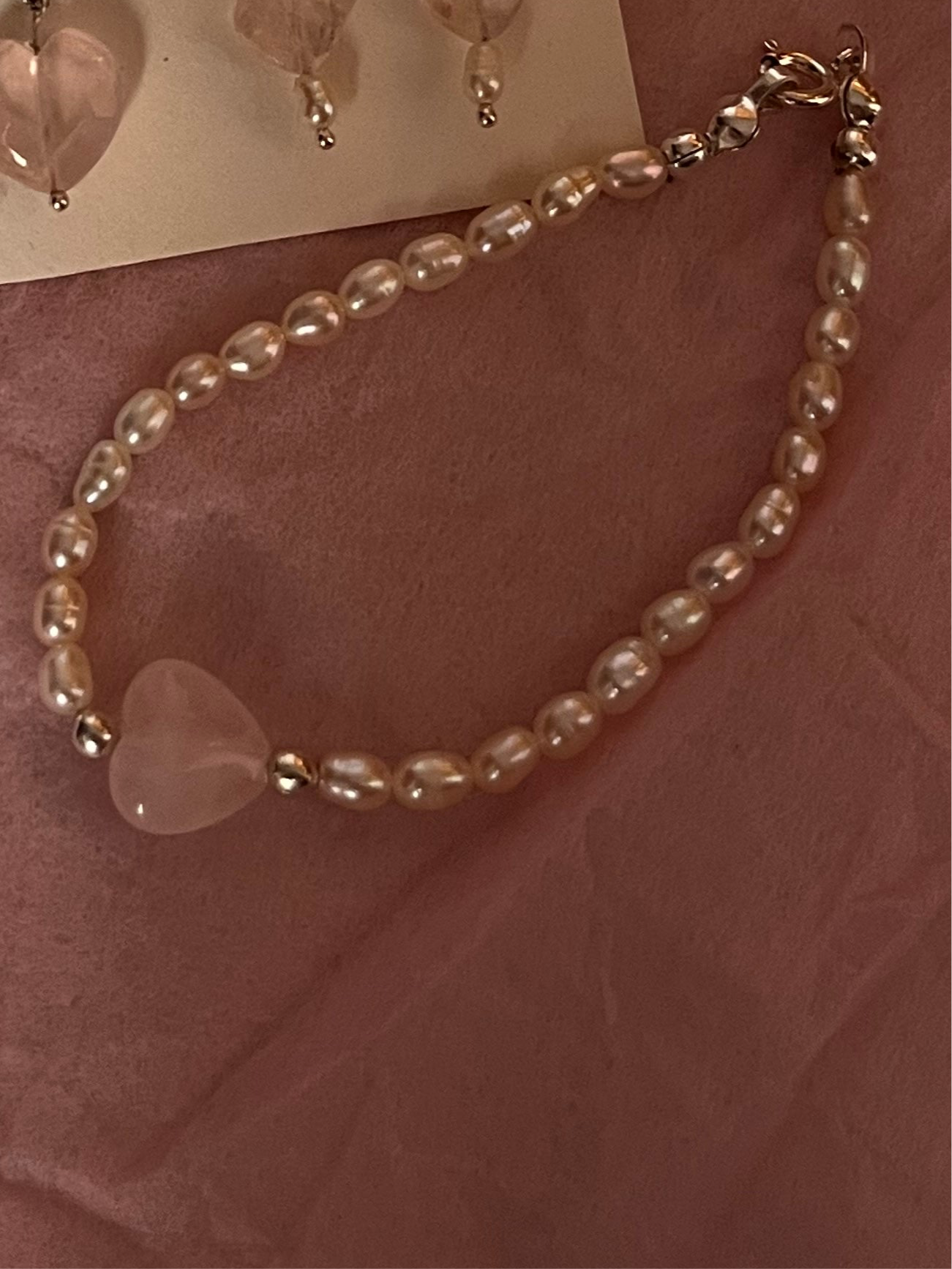 Rose Quartz Heart Silver Bracelet with Freshwater Pearls for Love