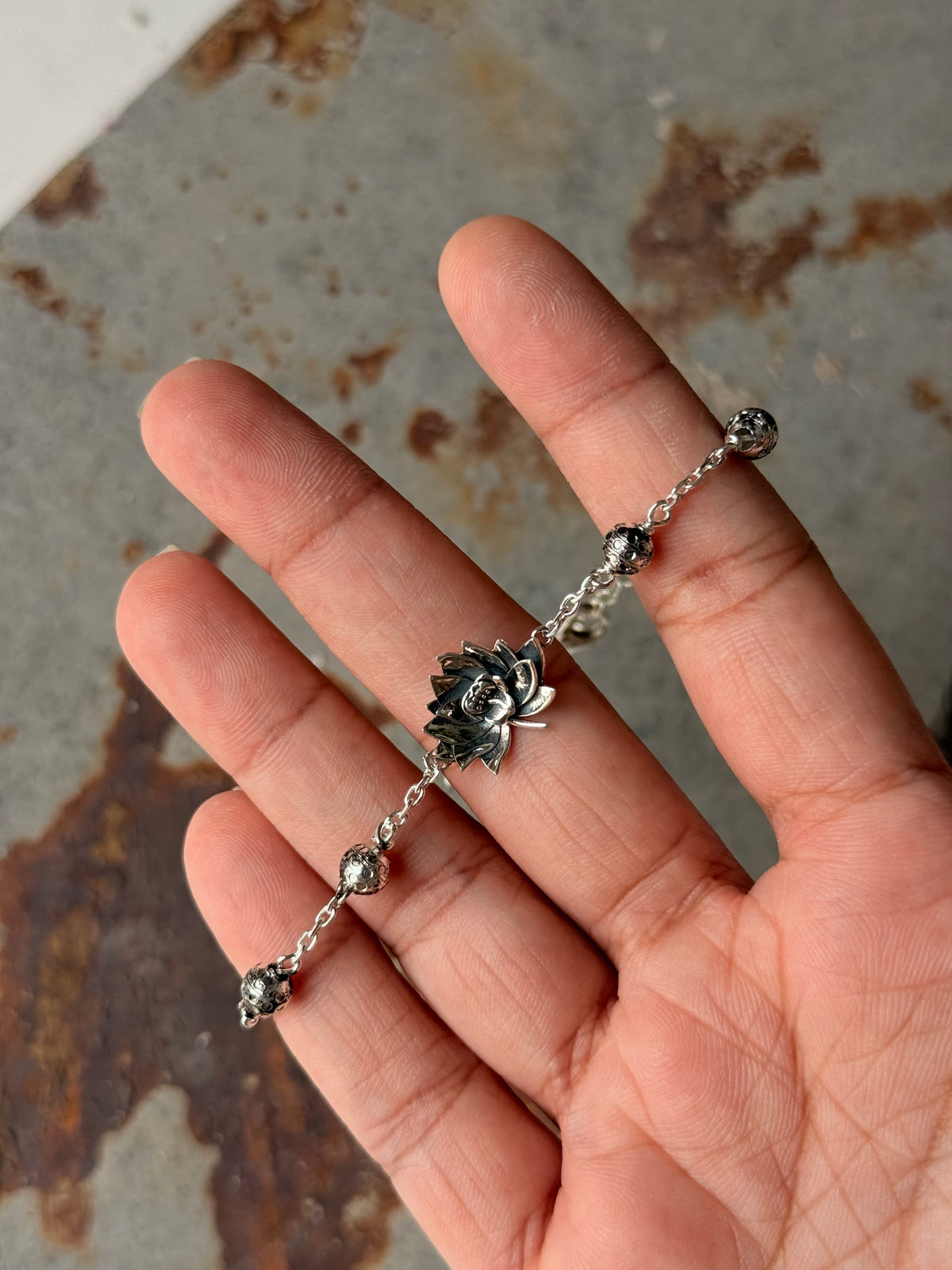 925 Sterling Silver Divine Lotus Ball Oxidised Finish Anklet