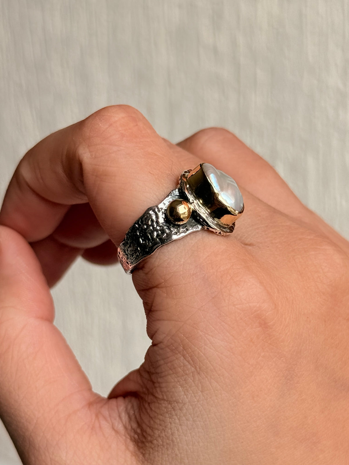 925 Sterling Silver Baroque Pearl Rustic Fusion Handcrafted Ring