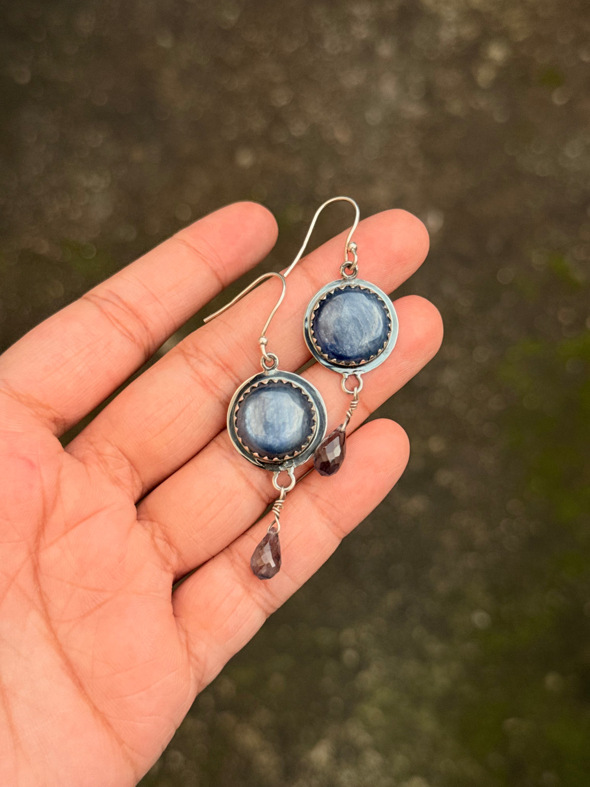 925 Sterling Silver Round Kyanite & Iolite Drop Gothic Rustic Handcrafted Hook Earrings