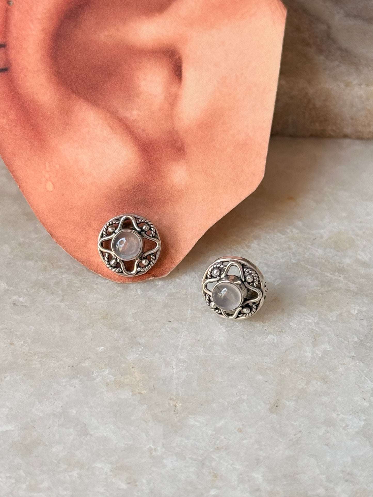 925 Sterling Silver Rose Quartz Flower Studs Earrings