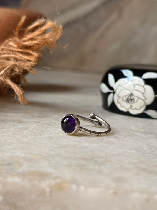Amethyst Round Tribal Engraved Adjustable 925 Sterling Silver Ring