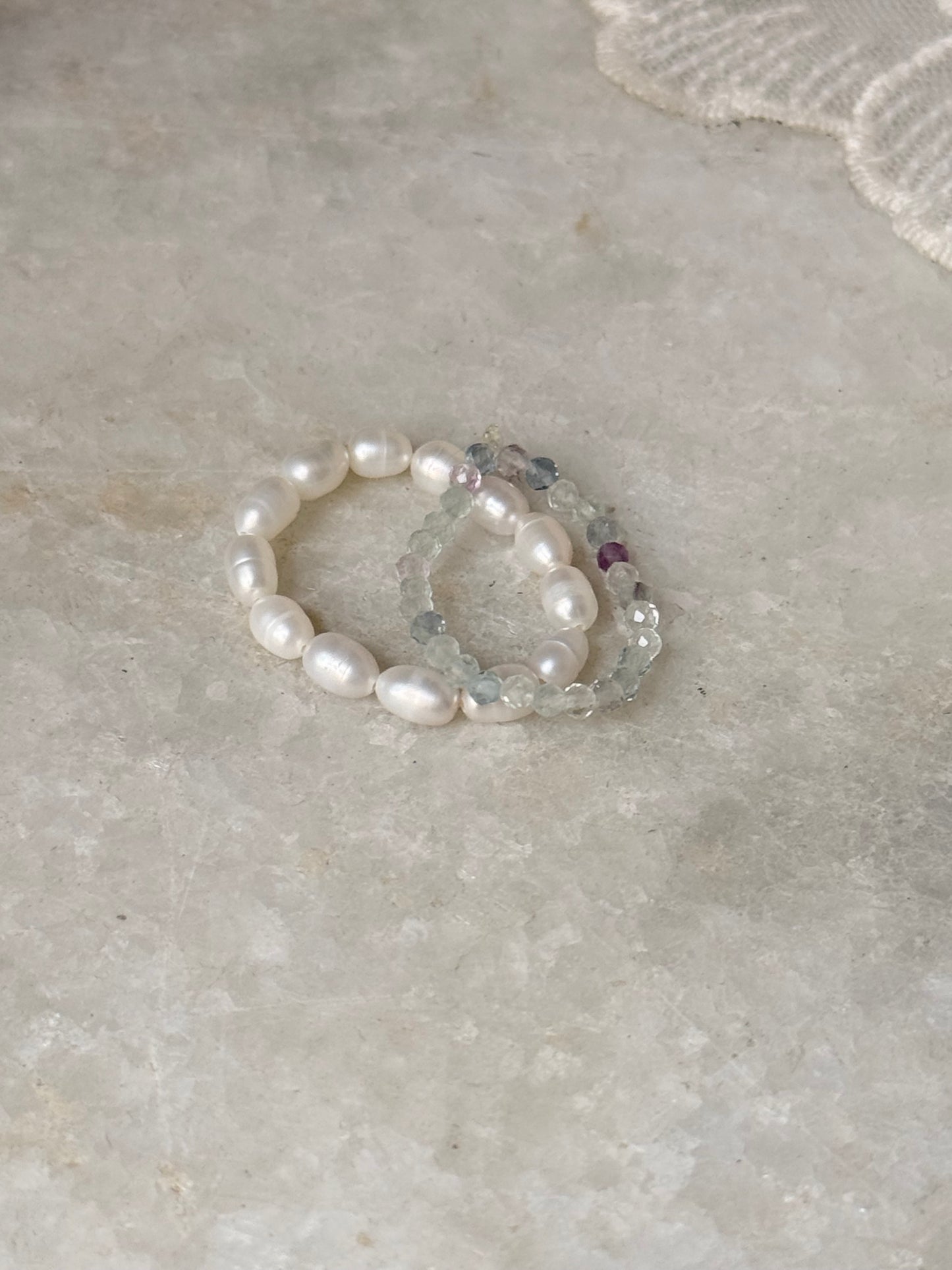 Natural Crystal Stretchy Fresh Water Pearl & Fluorite Rings