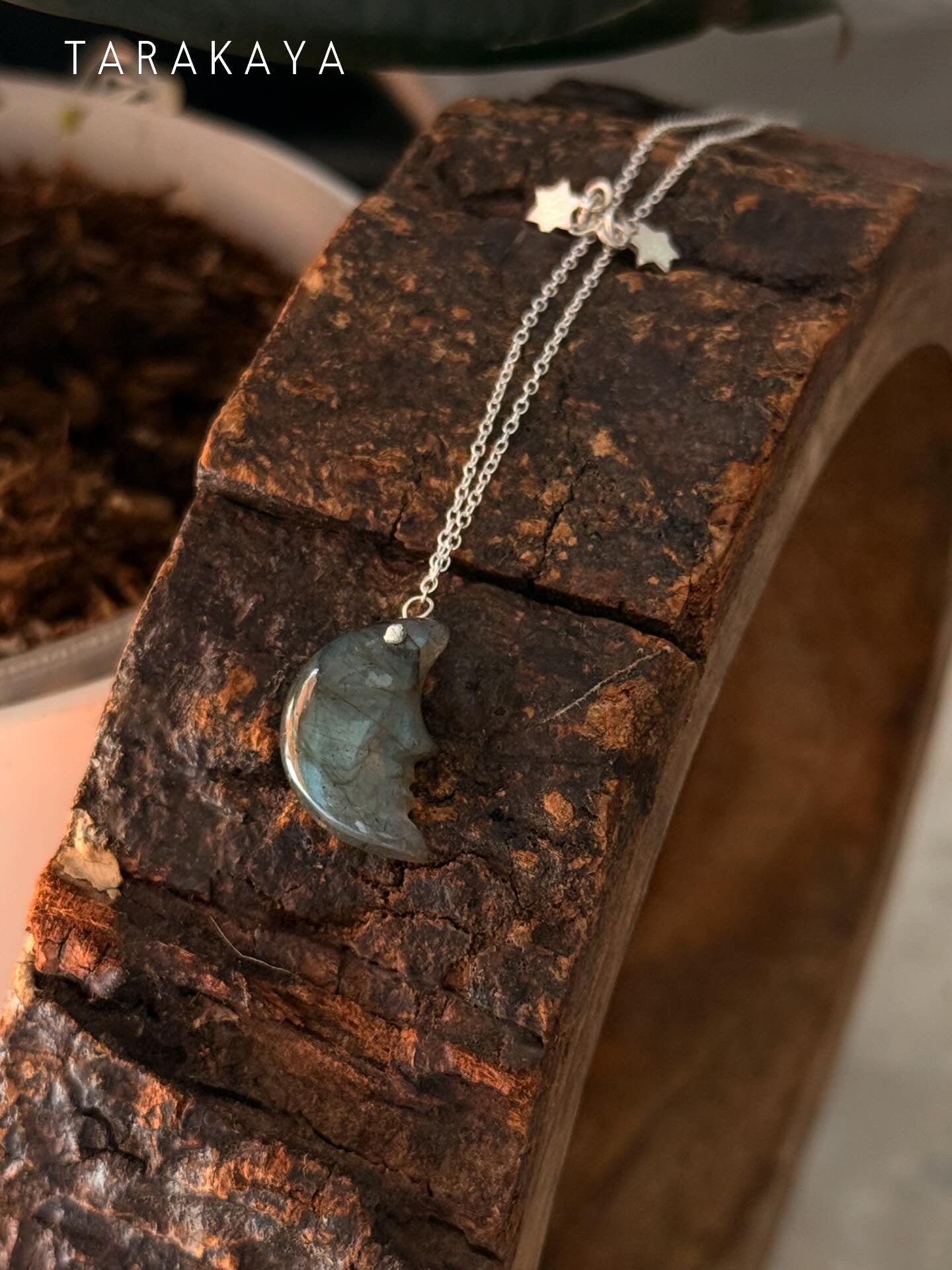 925 Sterling Silver Labradorite Half Moon Face Double Silver Star Handcrafted Necklace